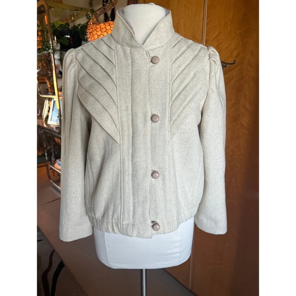 Vintage Jackets & Blazers - Vtg 70s Cream Wool Pleated Sunburst Jacket Puff Shoulder Quiet Luxury ILGWU Mod